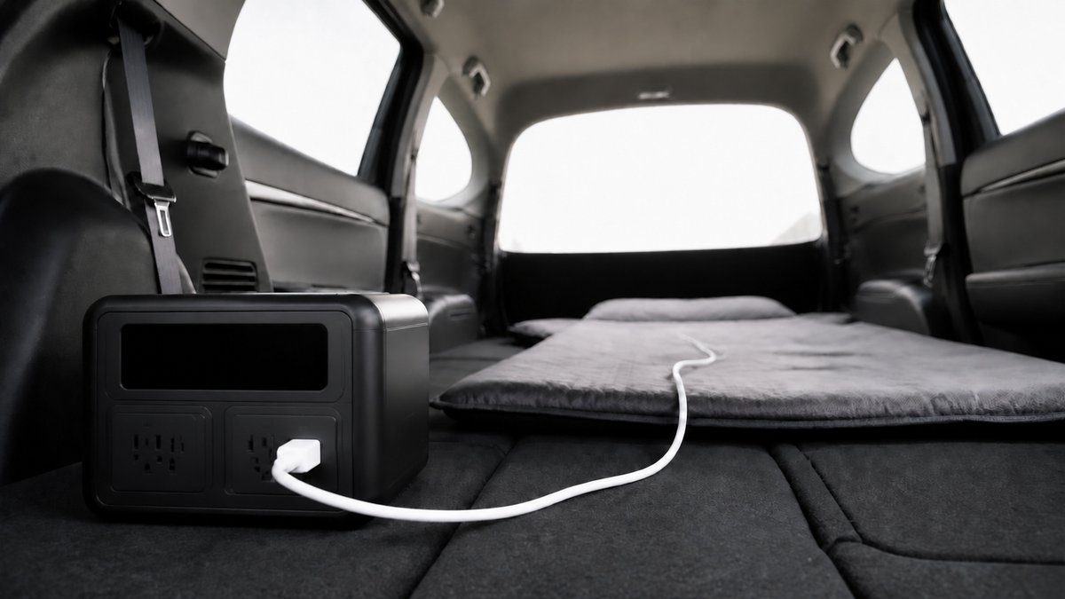 車内の後席足元に置かれた小型ポータブル電源と、そこから伸びる白いACケーブル