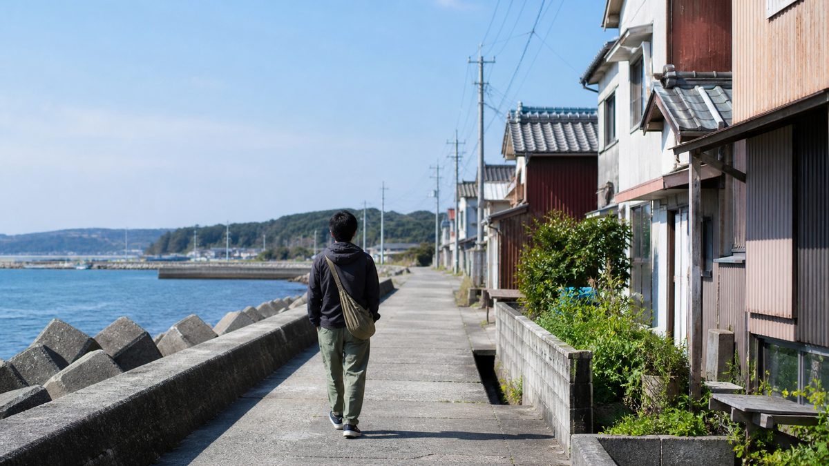 海沿いの道を歩いて温泉へ向かう散歩道のイメージ