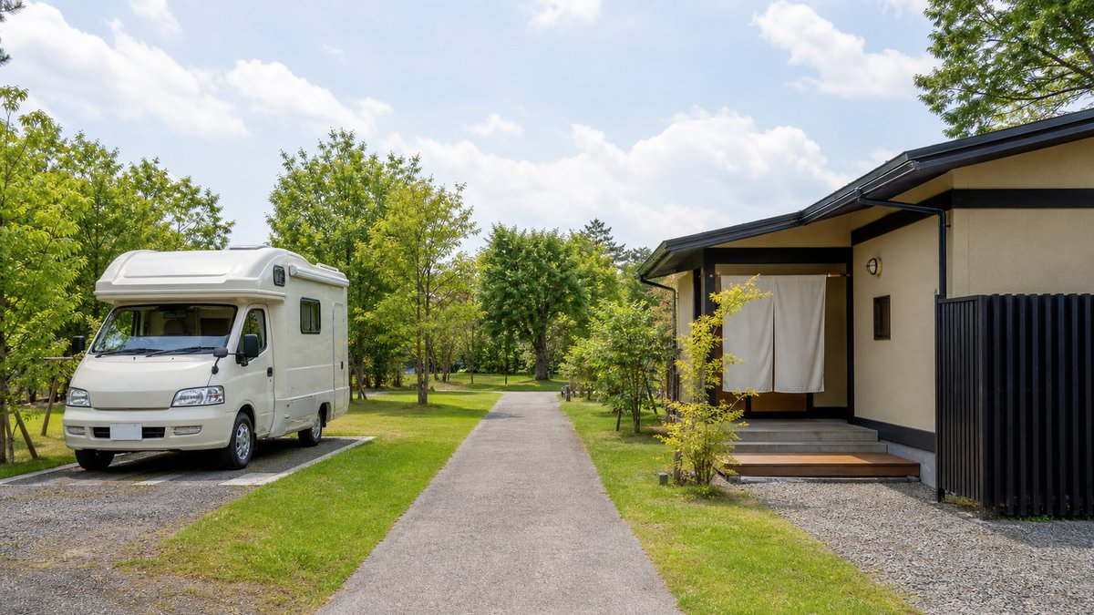 RVパークの区画と、同じ敷地の中に立つ温泉棟。柵も道路も挟まずに歩いて行ける