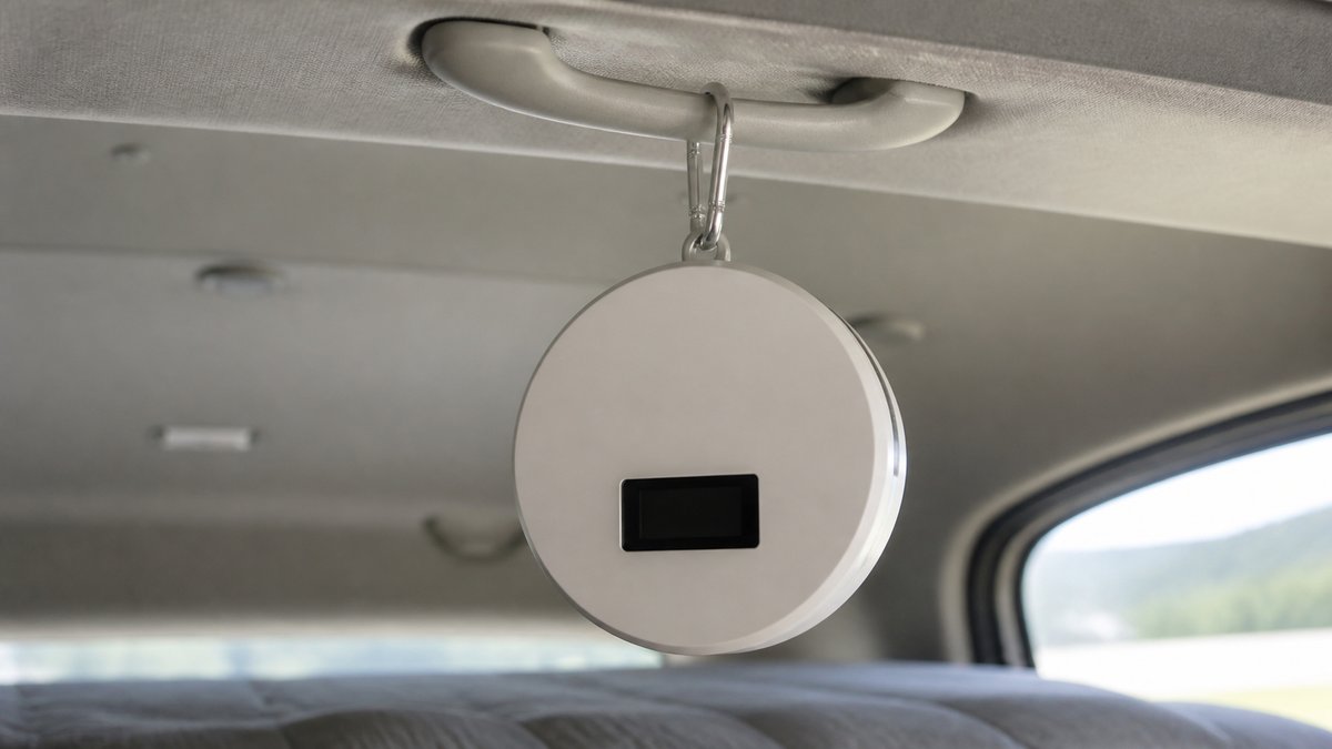 車内の天井に近い位置に吊り下げられた小型の一酸化炭素警報器と、その下に見える寝床の輪郭