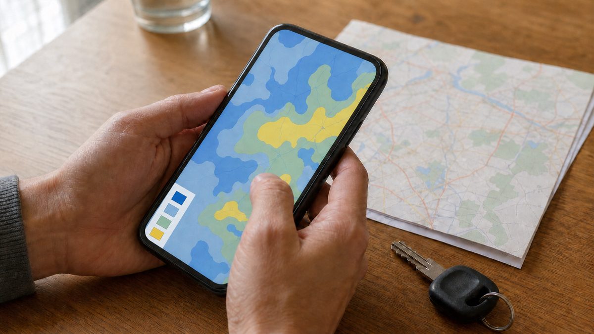 スマートフォンでハザードマップを確認する手元
