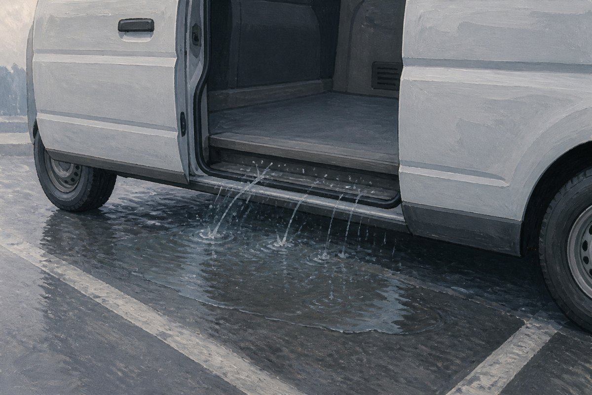 雨の降る駐車場に停まった車の後部ドアと、路面にできた水たまり