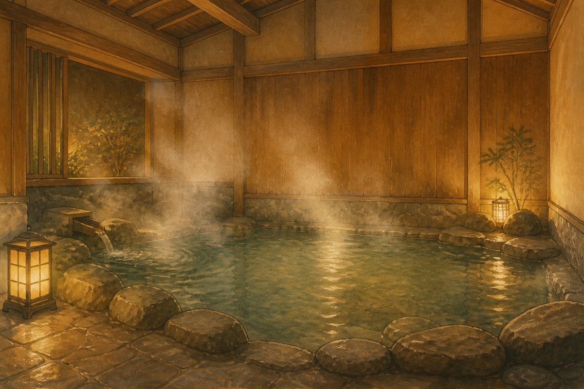 杉戸の温泉宿の湯船をイメージしたイラスト調の一室(イメージ)