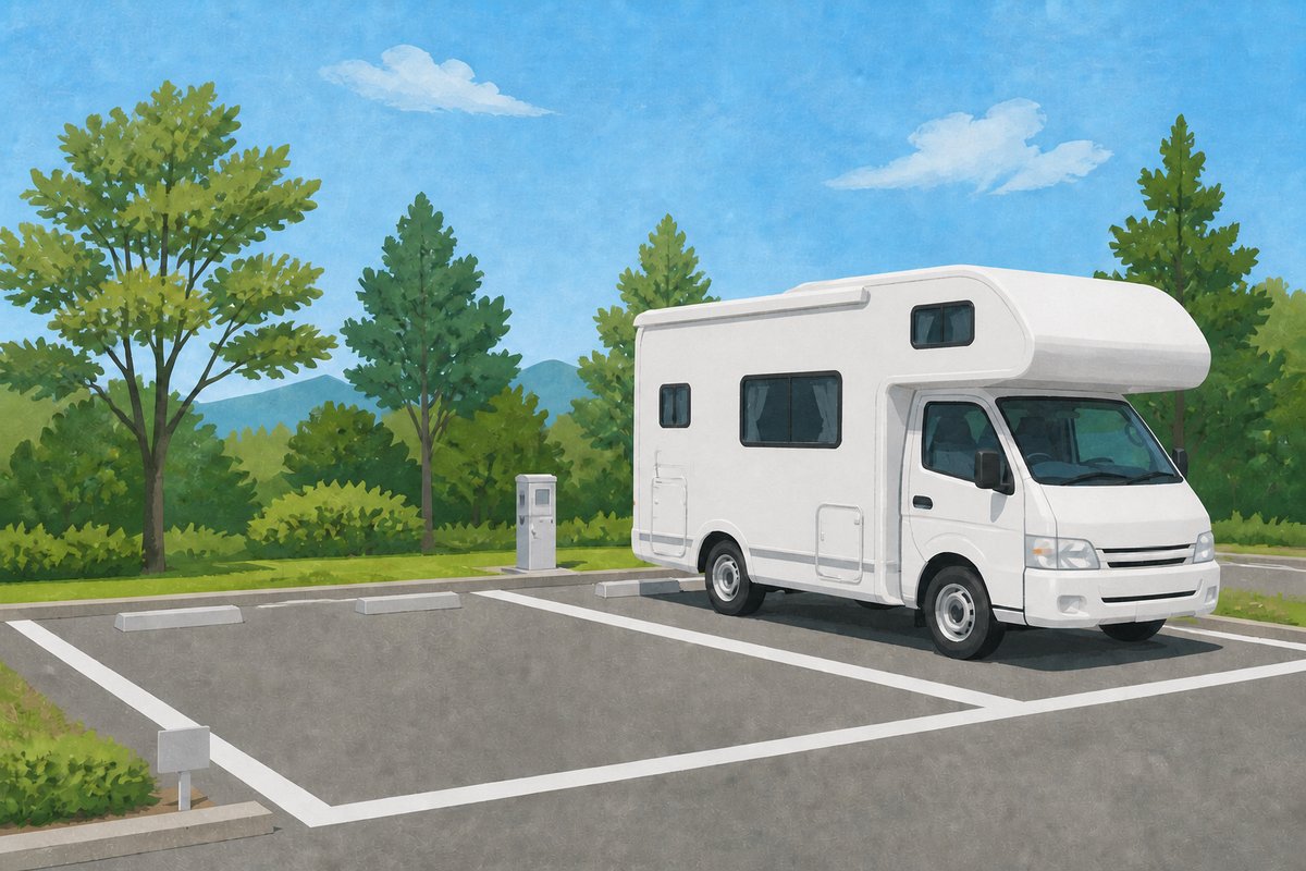 RVパークの駐車区画に停まったキャブコンと、区画番号を示す小さな標識