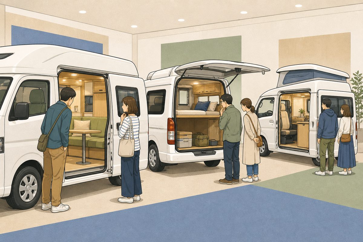 展示車の状態を比較するため、異なる形のキャンピングカーを見比べる場面の編集イラスト