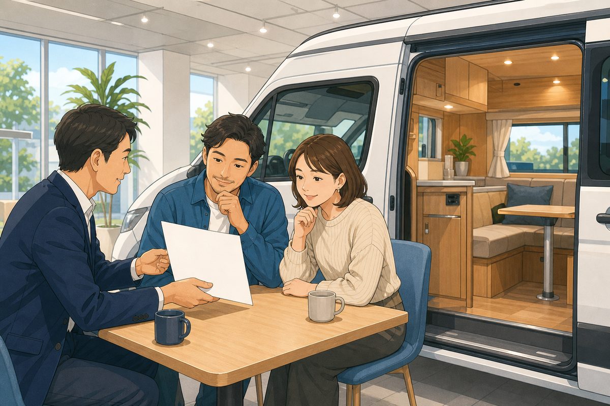 ショー後に販売店で見積書と車内を確認する場面の編集イラスト