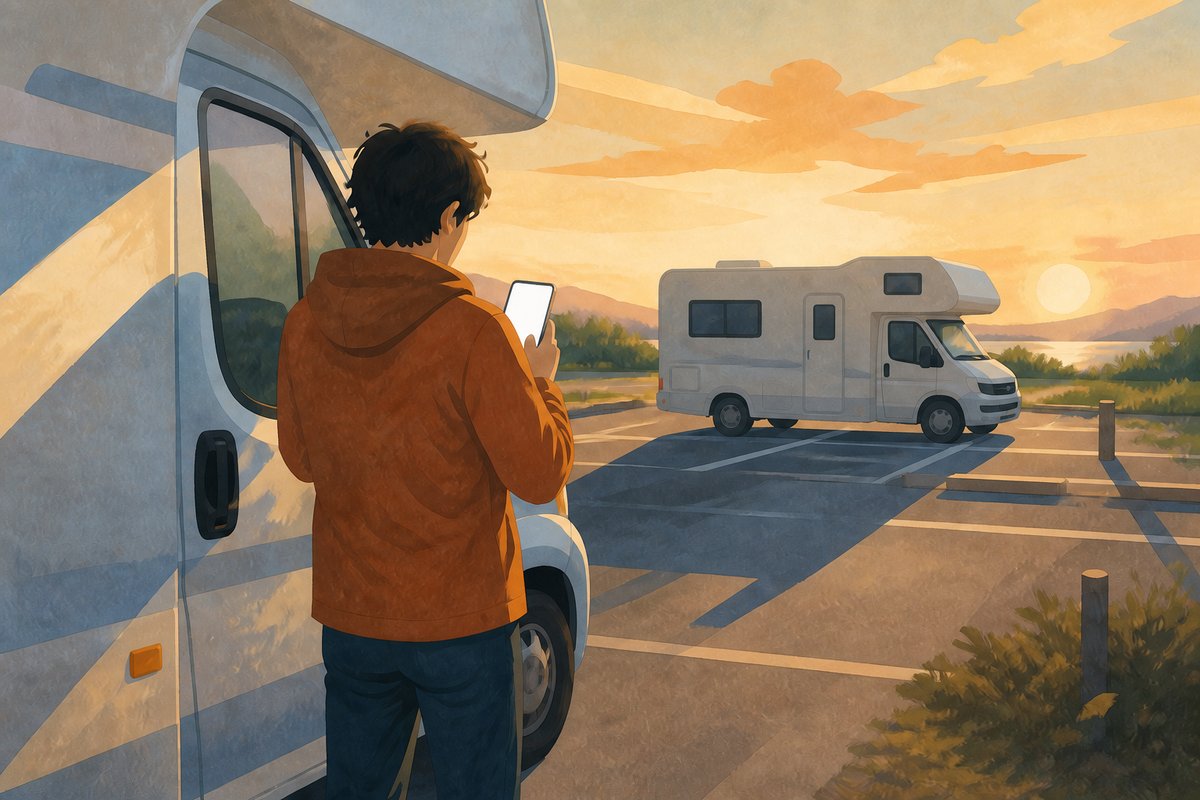 夕方のRVパークで、スマートフォンの予約画面を見ながら区画に車を入れているところ