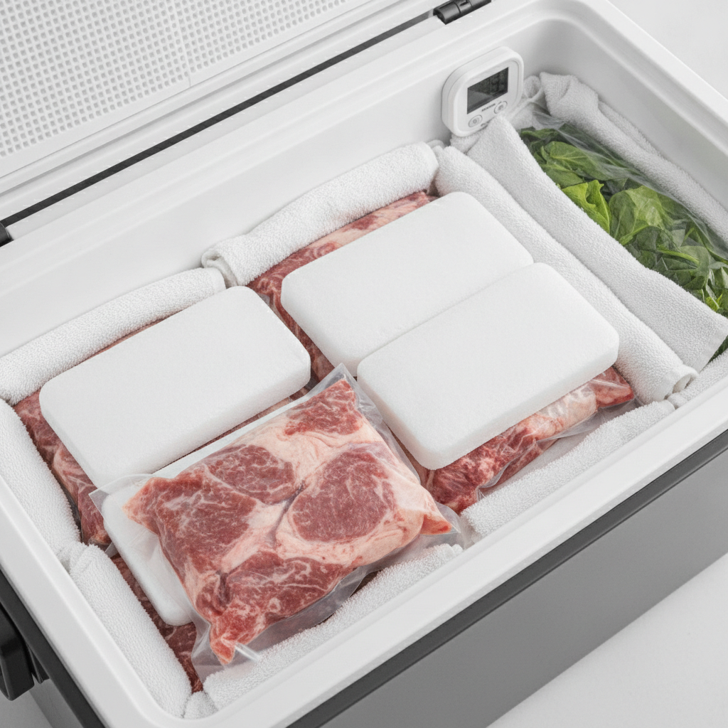 フタを開けたクーラーボックスの内部。二重袋に入れた生肉の上に板状の保冷剤を並べて載せ、底にも1枚敷き、隙間をタオルで埋めている。葉物野菜は保冷剤に直接触れないよう包み、庫内にはデジタル温度計を設置