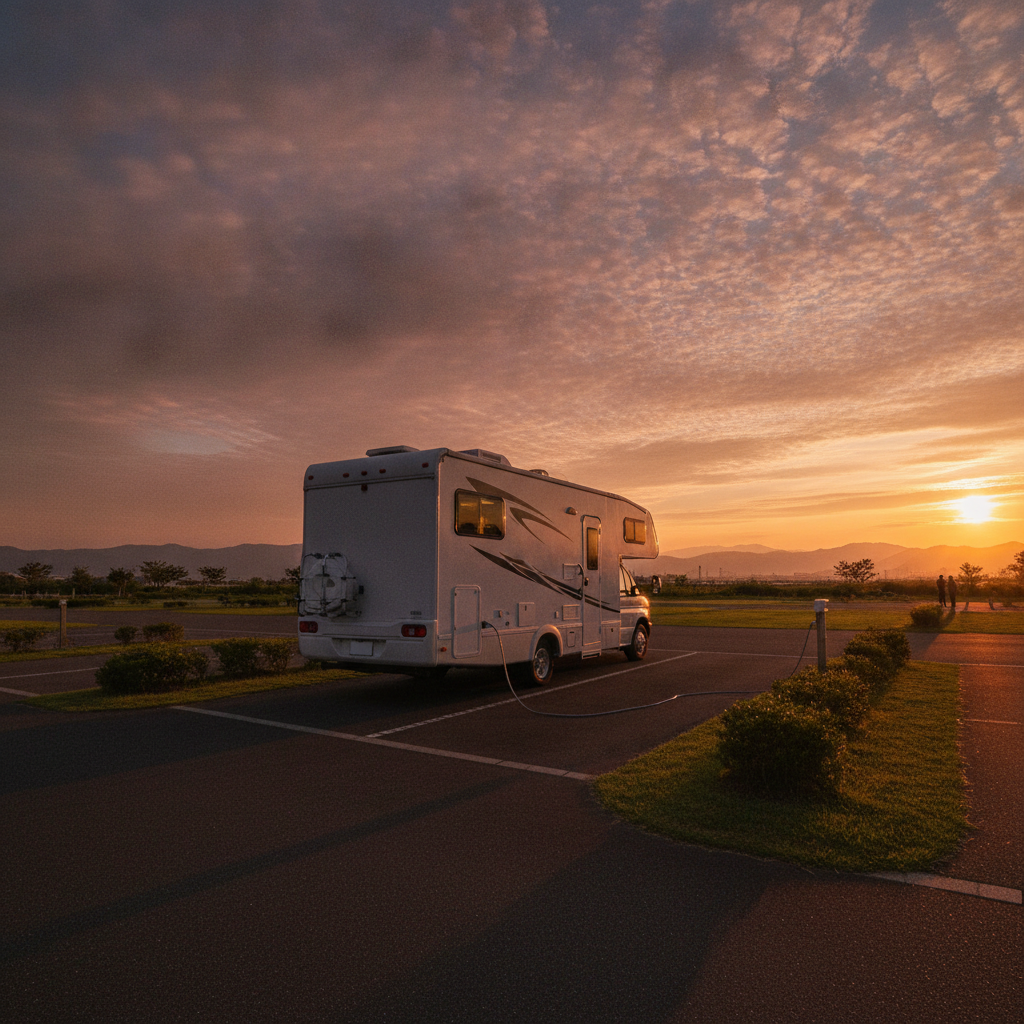 日没直前のオレンジ色の夕空の下、駐車スペースに停まり外部電源ケーブルをつないだ白いキャンピングカー。長い影が伸びており、9月は日の入りが早く設営時間が限られることを示すイメージ。特定の施設の写真ではない。