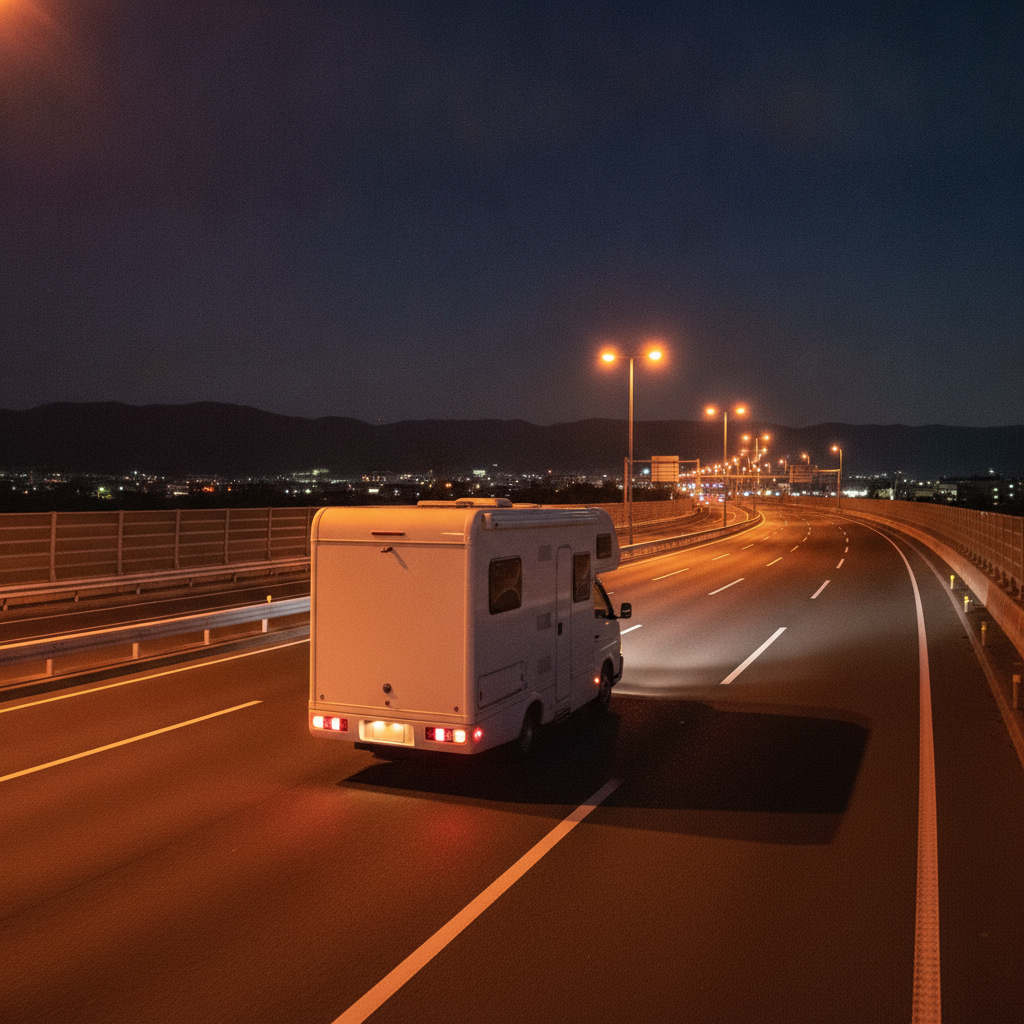 交通量のほとんどない深夜の高速道路を1台で走る白いキャンピングカーを斜め後方から捉えた様子。オレンジ色の道路照明が灯り、渋滞のない深夜移動のイメージ。特定の路線の写真ではない。