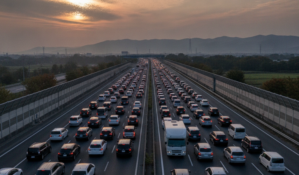 9月下旬の夕暮れ、渋滞で車列が長く連なる日本の高速道路を陸橋から俯瞰した様子。車列の中に背の高い白いキャンピングカーが1台混じっている。