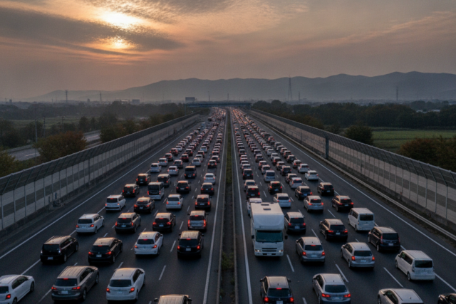 9月下旬の夕暮れ、渋滞で車列が長く連なる日本の高速道路を陸橋から俯瞰した様子。車列の中に背の高い白いキャンピングカーが1台混じっている。