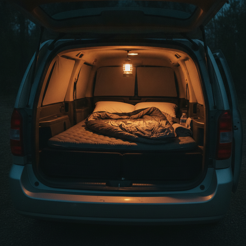 夜のミニバンの荷室に作られた車中泊の寝床。厚手のマットの上に3シーズン用の寝袋と枕が広げられ、天井から吊るした暖色のLEDランタンが照らし、側面の窓には目隠しシェードが当てられている(イメージ画像)