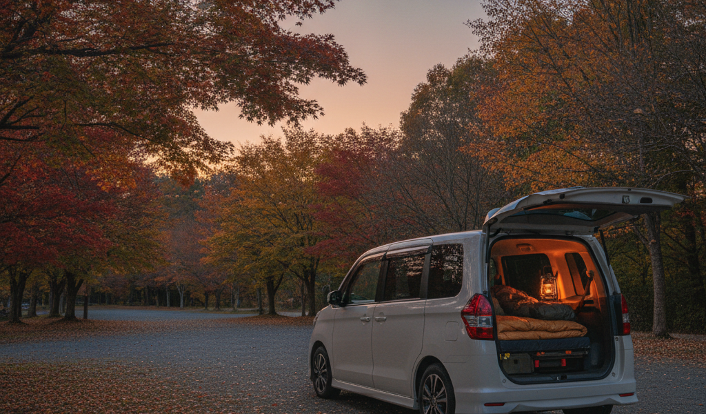 秋の夕暮れ、紅葉した木立に囲まれた駐車場でリアゲートを開けて車中泊の寝床を整えた白いミニバン。荷室にマットと寝袋が敷かれ、暖色のランタンが灯っている（イメージ画像）