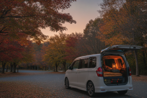 秋の夕暮れ、紅葉した木立に囲まれた駐車場でリアゲートを開けて車中泊の寝床を整えた白いミニバン。荷室にマットと寝袋が敷かれ、暖色のランタンが灯っている（イメージ画像）