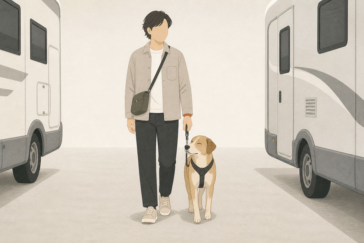 リードを短く持った犬連れの来場者が屋内展示会場を歩く編集イラスト
