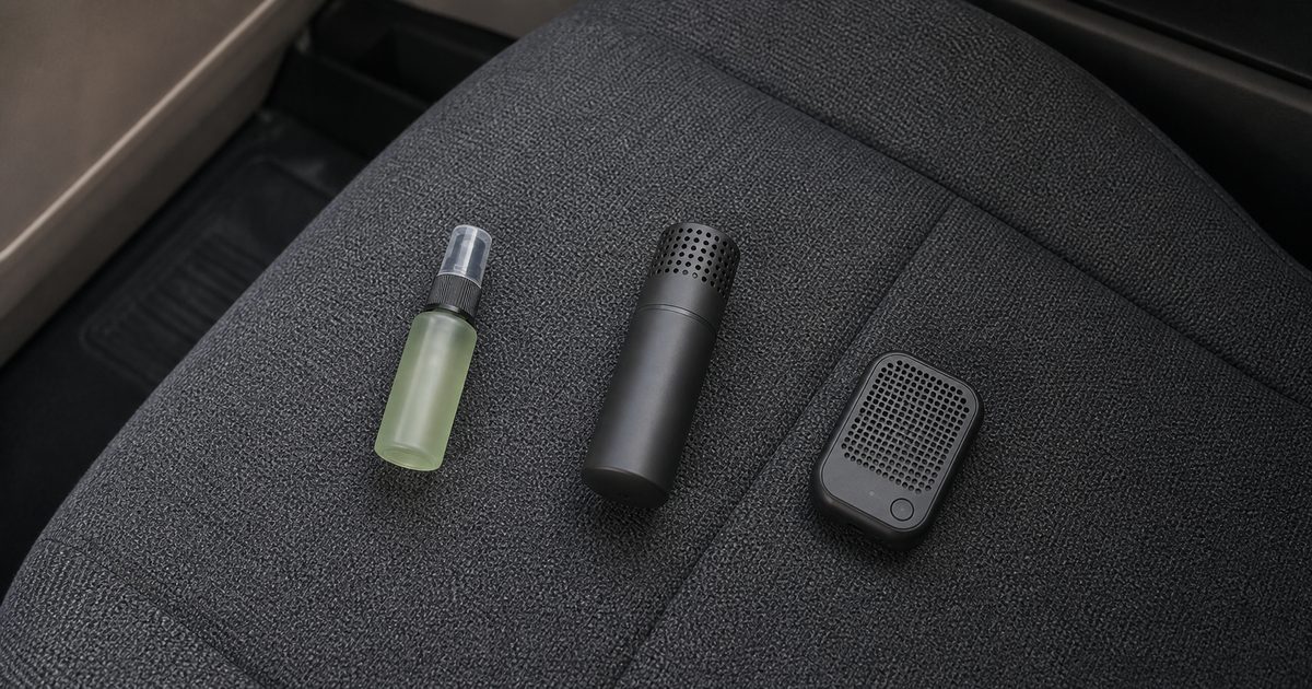 助手席のシートに並べた虫よけスプレー、携帯防虫器、電池式蚊取り器の3点