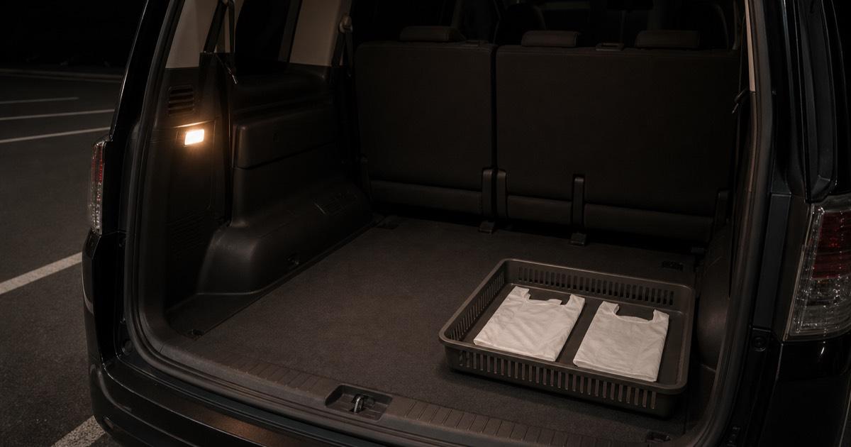夜の駐車場でリアゲートを開けた荷室の隅に置かれた蓋のない浅いカゴと、その中の折りたたんだ袋