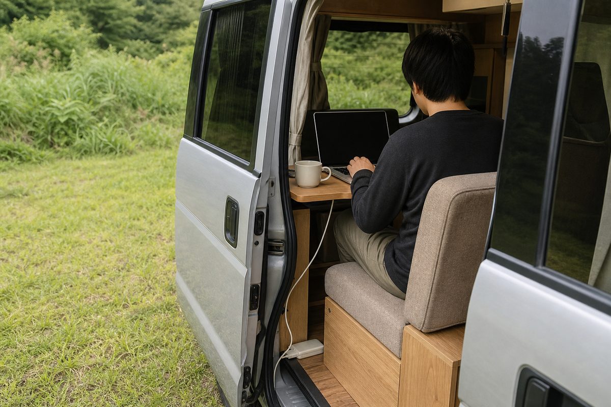 芝生の区画でスライドドアを開けてノートPCを広げる車内(イメージ)