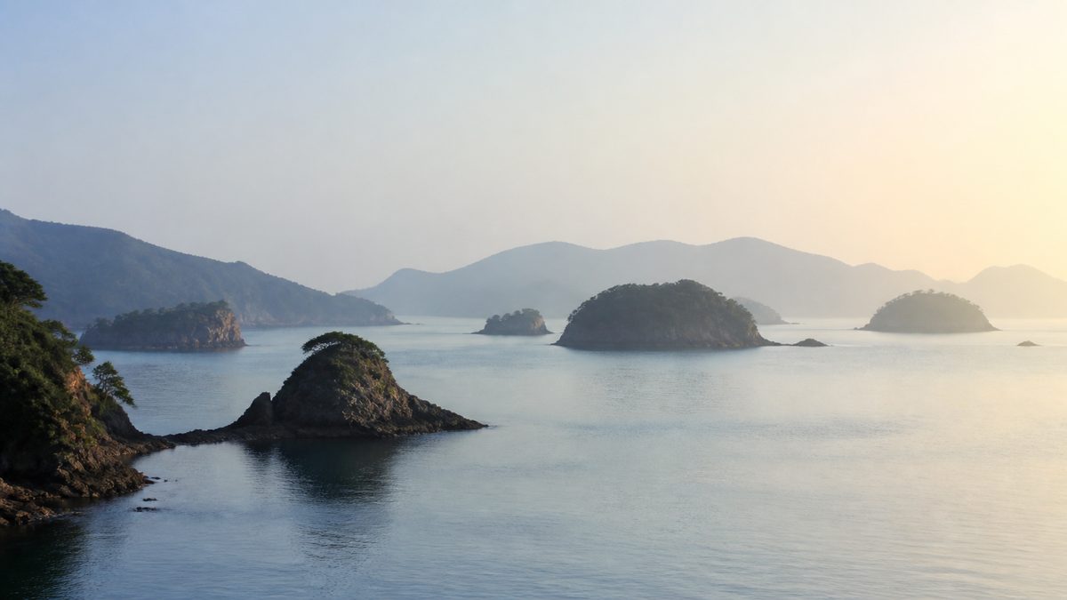 入り江に浮かぶ小さな島影と朝の海(イメージ)