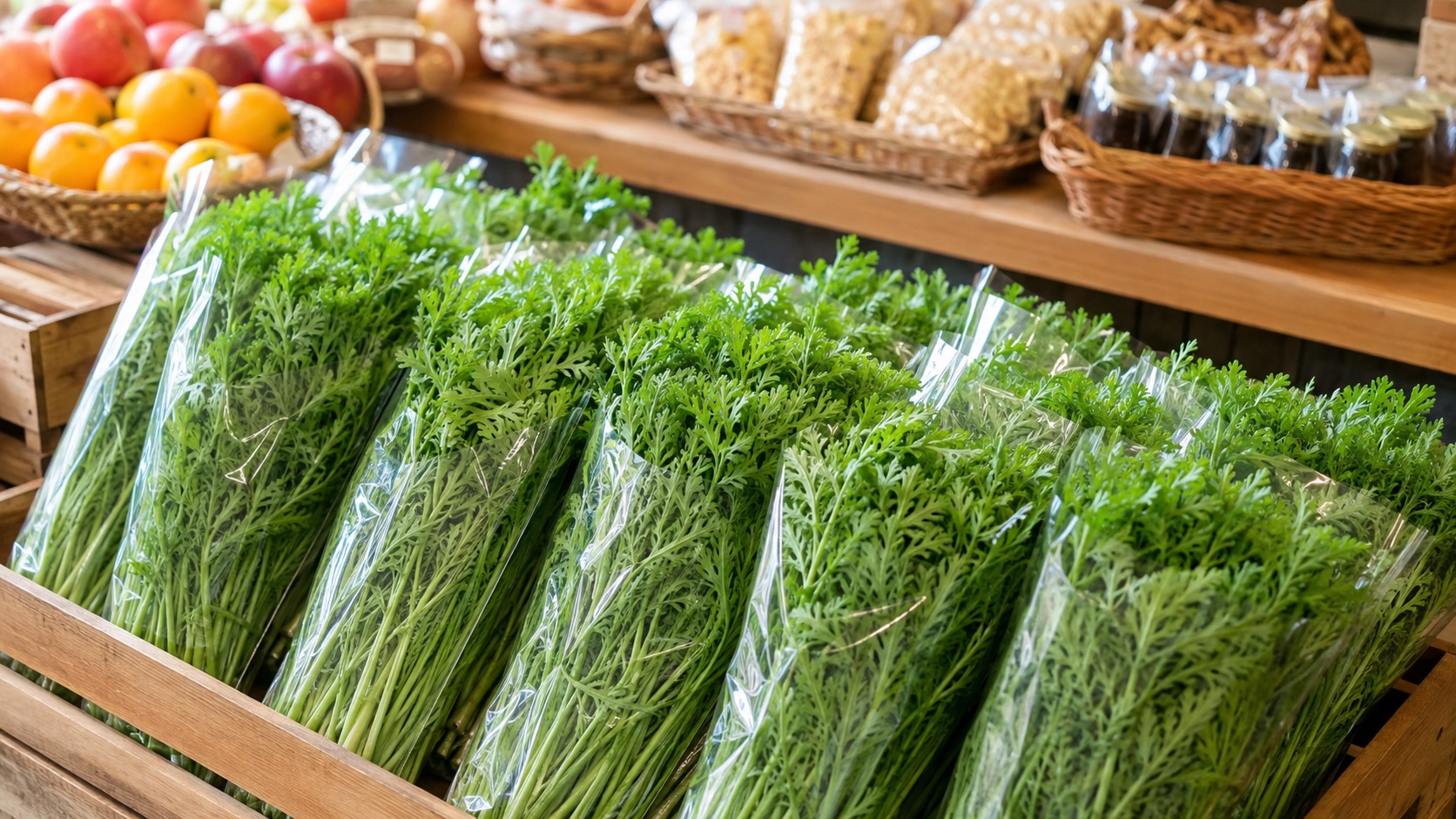 直売所の陳列棚に並ぶ葉物野菜と地元の加工品(イメージ)