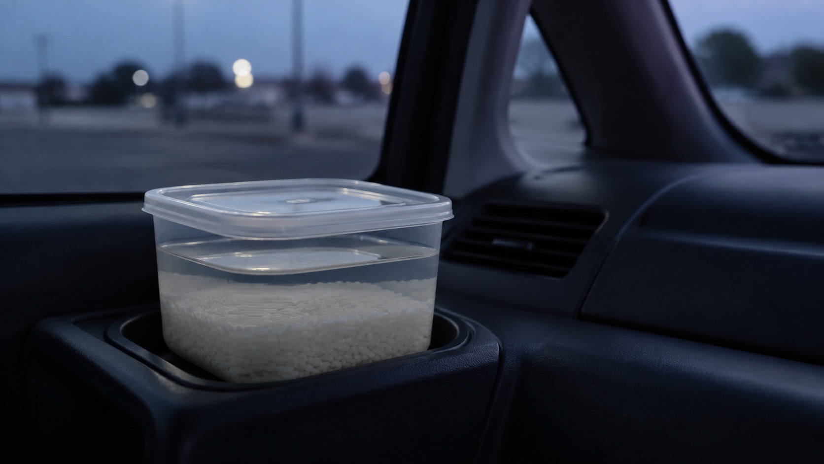 透明な蓋つき容器に入れた米と水が、車のドリンクホルダーに収まっている夕方の情景