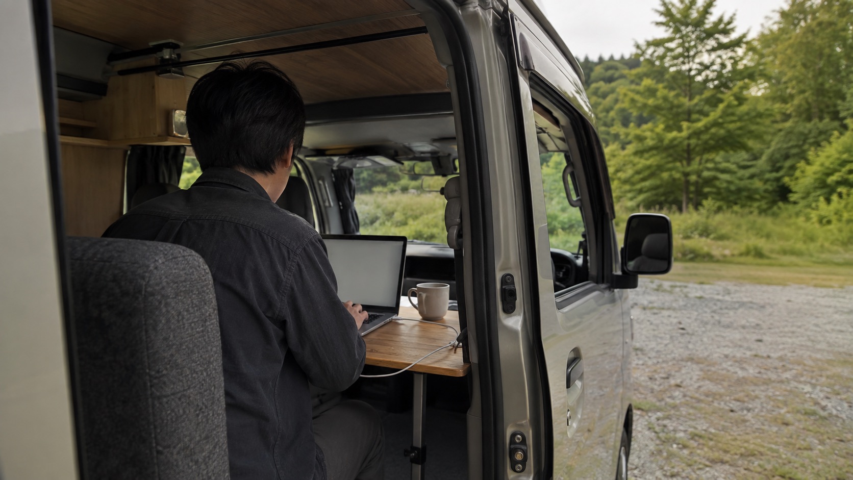 河川敷近くの区画に停まる小型キャンピングカーとノートPCを開く車内(イメージ)