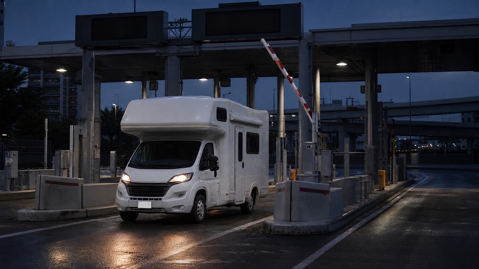 料金所のETCレーンを通過するキャブコンタイプのキャンピングカー