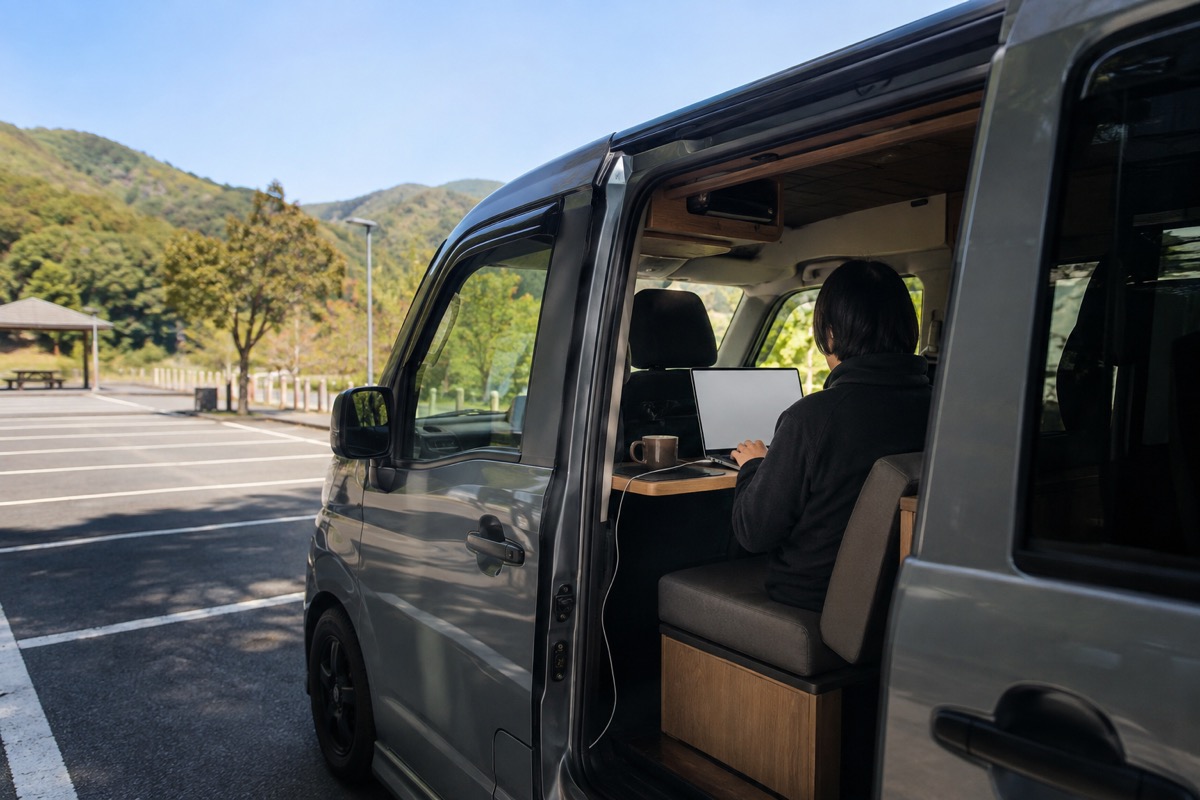 道の駅の駐車区画に停まるバンコンとノートPCを開く車内(イメージ)