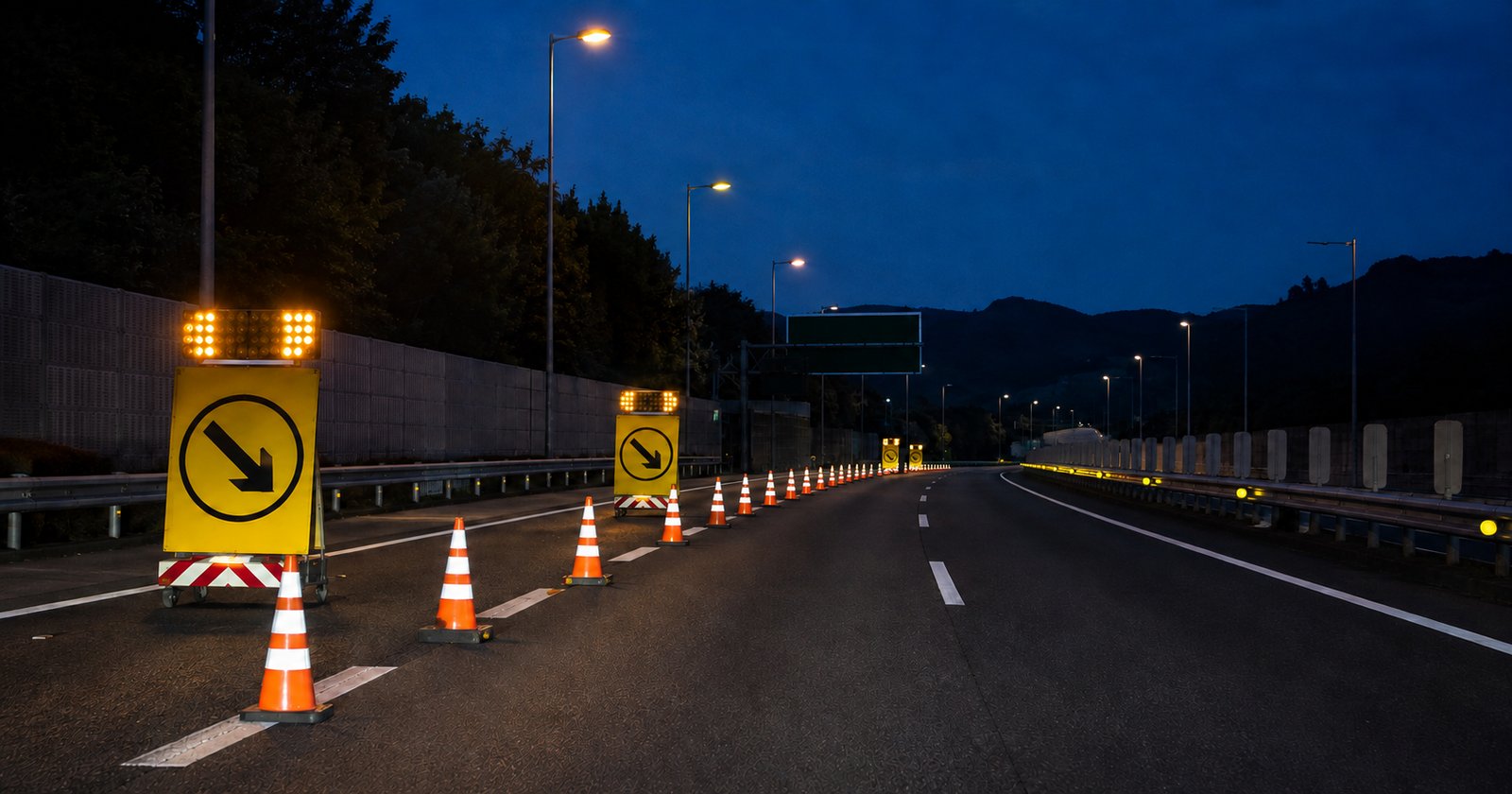 夜の高速道路。走行車線がラバーコーンで仕切られ、規制標識の先に工事帯が続く