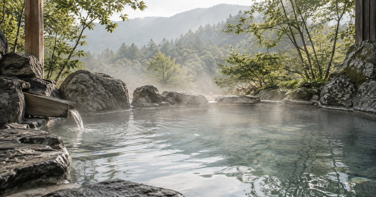 湯気の立つ露天風呂と朝の光(イメージ)