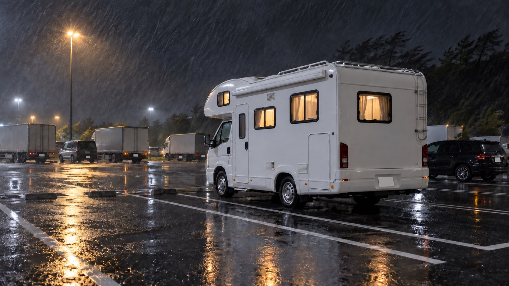 夜のサービスエリア。強い雨風のなか、大型区画に停まったキャブコンの室内に灯りがともっている