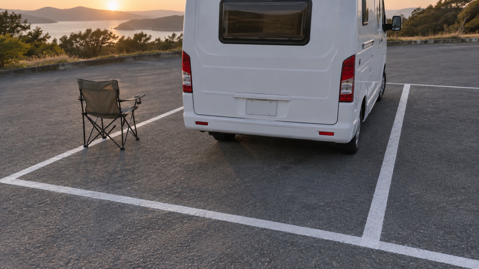 夕方のRVパークの区画に1脚だけ広げられたハイバックの折りたたみチェア