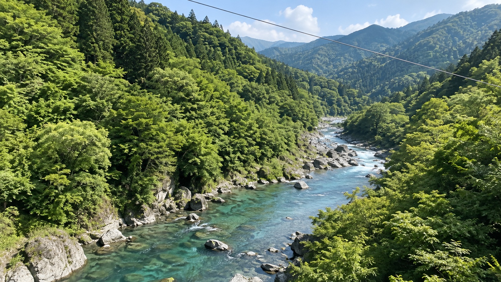 四万十川の上空を滑走するジップラインのワイヤーと川面(イメージ)