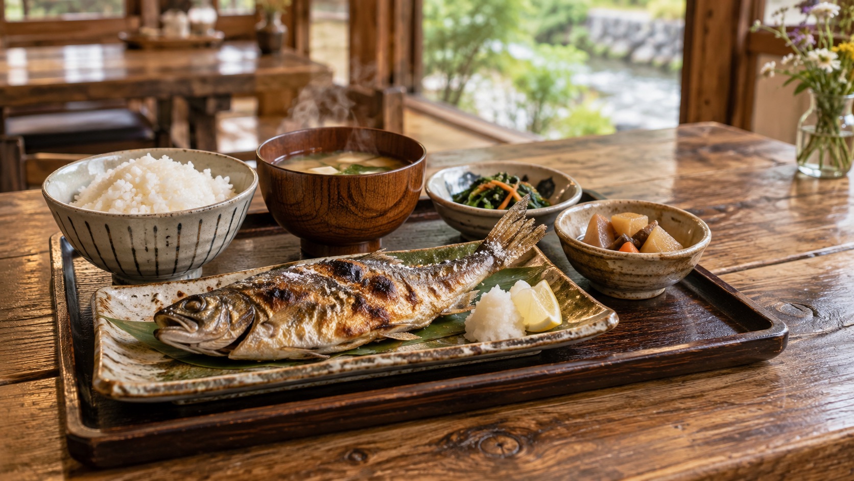 木製のカウンターに置かれた鮎の塩焼き定食のイメージ皿