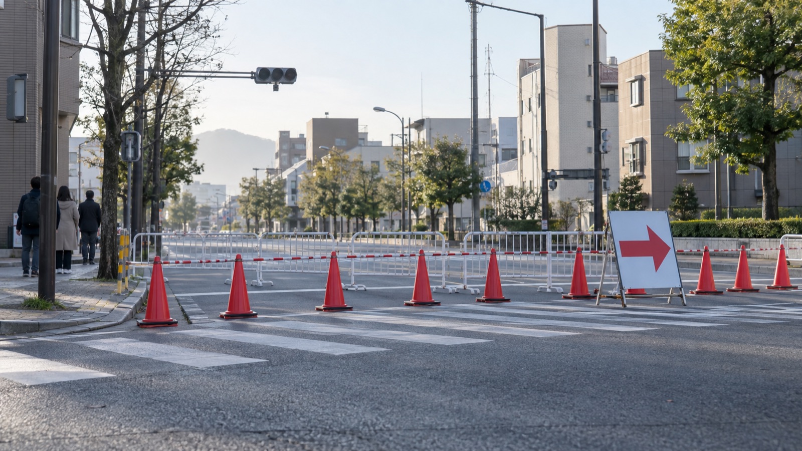 市街地の交差点。規制中を示すコーンとバリケードが並び、う回を促す矢印看板が立っている
