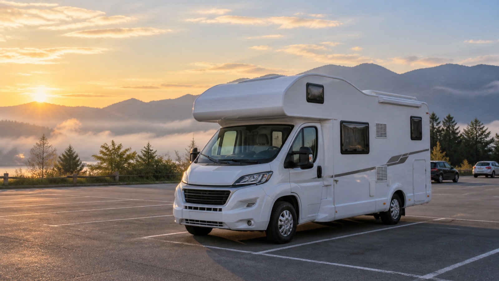 早朝の郊外の駐車場。白いキャブコンが1台停まり、背後に低い山並みが見えている