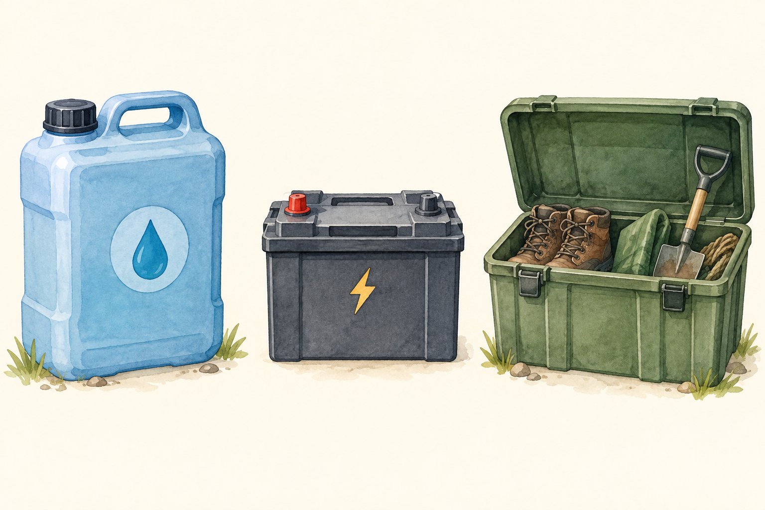 水まわり、蓄電池、工具収納を別々に描いた装備確認のイラスト