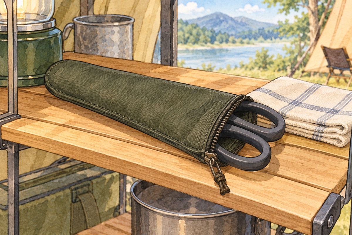 閉じたキッチンばさみの刃先をケースで保護するイメージイラスト