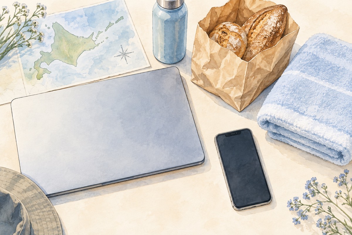 ノートPCとスマートフォン、パンの袋、タオルを並べた車旅の支度のイラスト