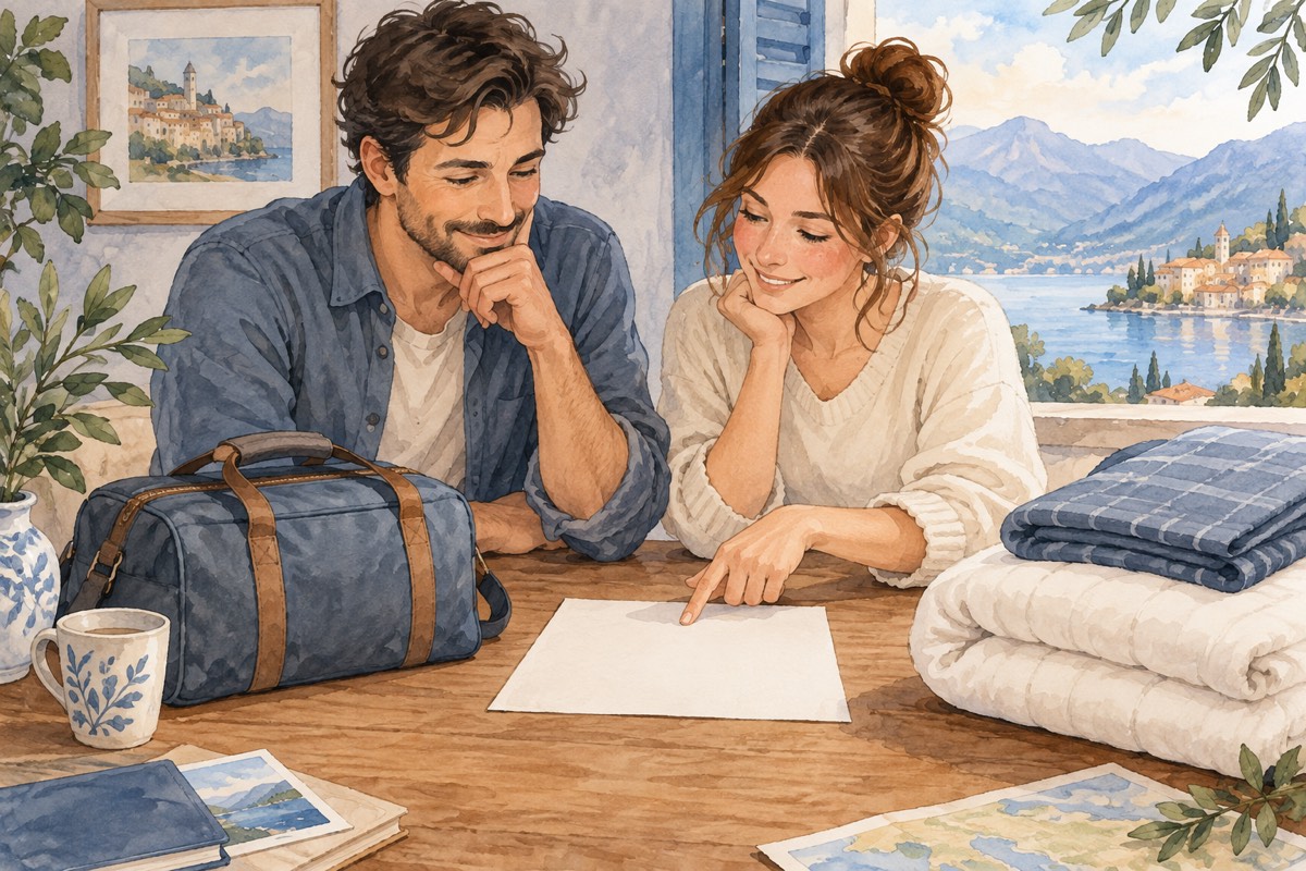 寝具とバッグの置き場所を紙に書いて相談するイメージイラスト
