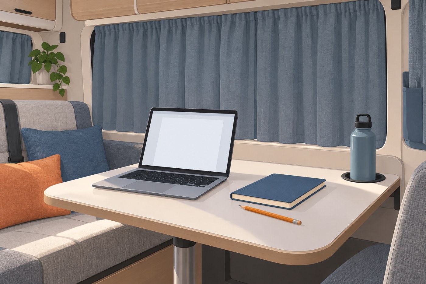 停車したキャンピングカーの机にノートPCと手帳、水筒を置いたイラスト