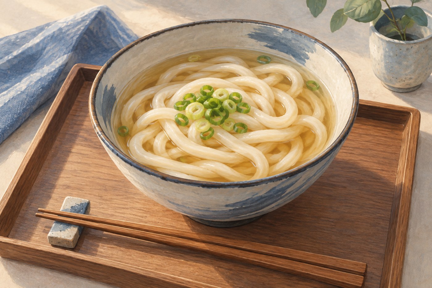 ねぎを添えたうどん一杯と箸を描いたイラスト