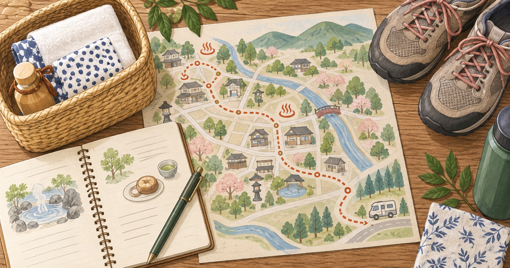 道後温泉の散策地図と手帳、湯かごを描いたイラスト