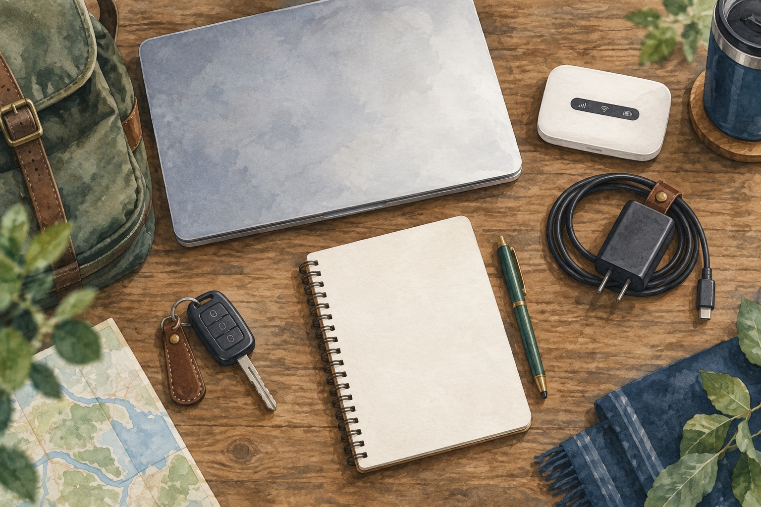 ノートPC、モバイルルーター、電源ケーブル、旅程ノートを並べた水彩イラスト