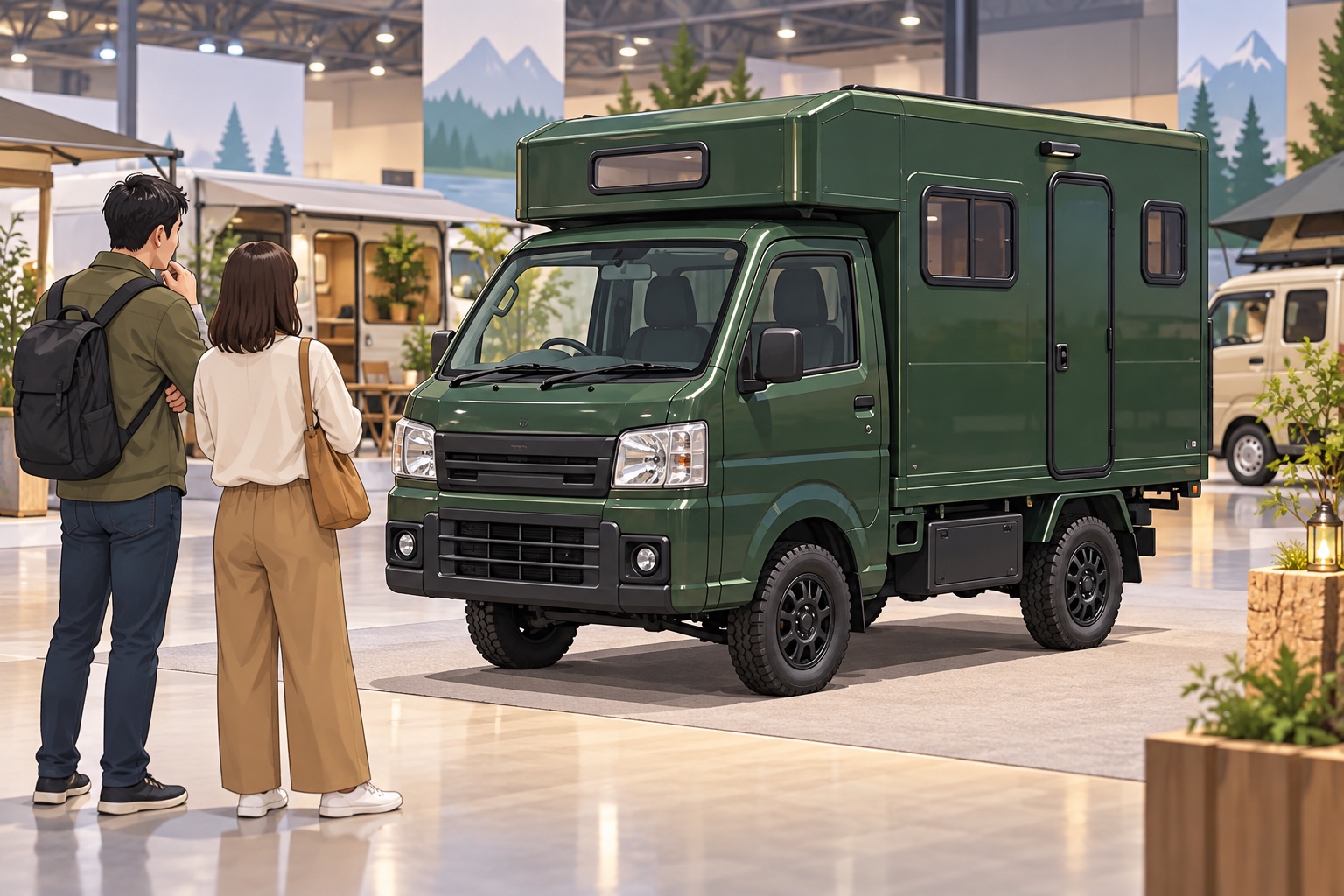 緑の軽トラックキャンパーの外装を二人で見比べるイメージイラスト。実在の限定車ではありません