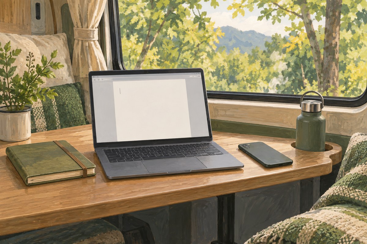 車内の机にノートPCとスマートフォンを用意した仕事のイメージイラスト（実際の設備ではありません）