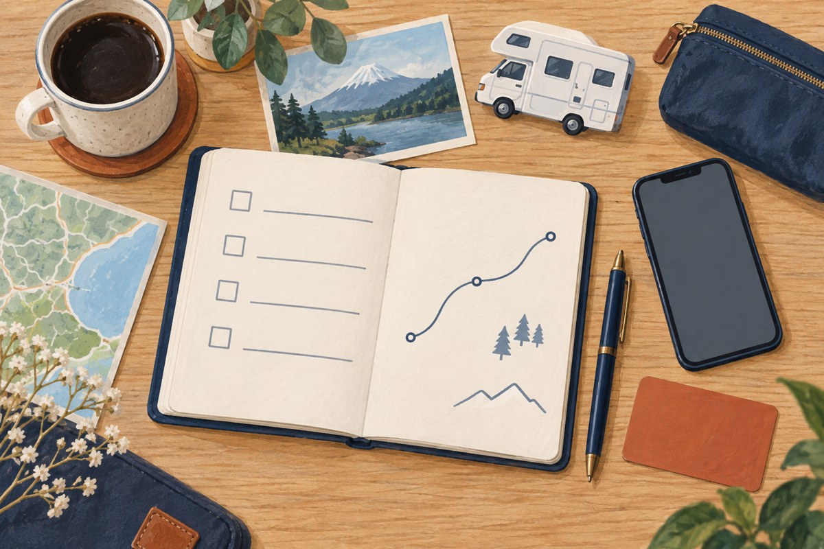 旅程ノートとスマートフォン、無地のカードを並べた予約準備のイメージイラスト