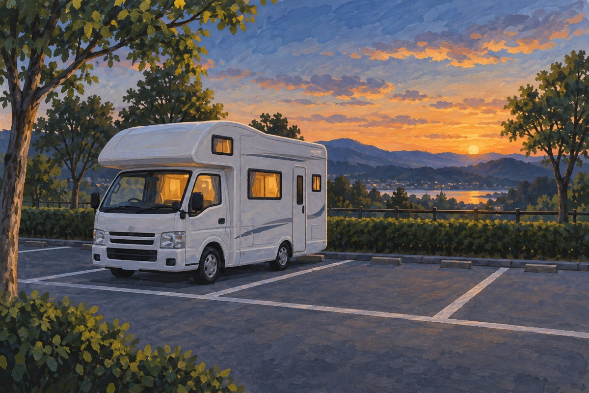 夕暮れの駐車区画に停めたキャブコンを描く車旅のイメージイラスト
