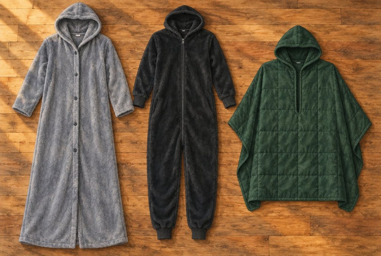 袖のあるロング丈の着る毛布、全身ファスナーの着る毛布、中綿のポンチョ型ブランケットを平置きで並べたイメージイラスト（実商品の再現ではありません）